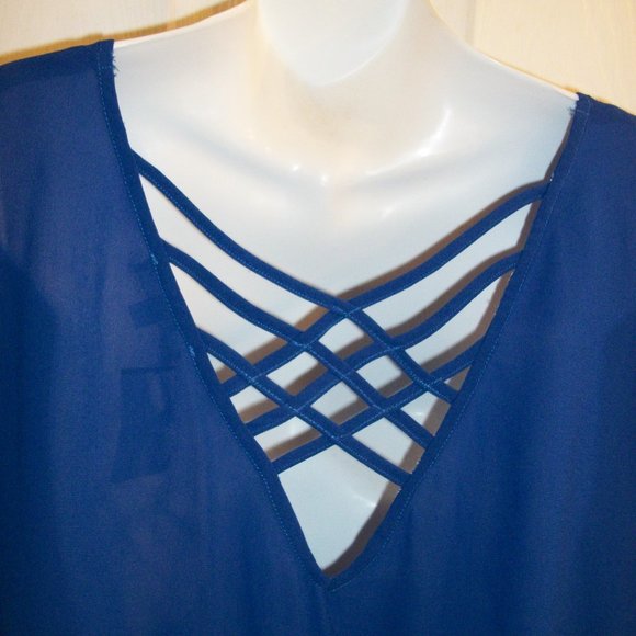 MINE TOO 2XL Cobalt Blue Peplum Pullover Top NWT Cut Out Back Semi Sheer - Picture 5 of 8